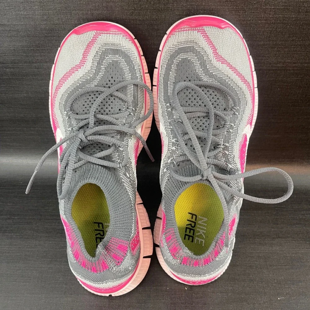 Nike Free 5.0 Flyknit Womens 6.5‎ Grey Pink Running Athletic Shoes 615806-016